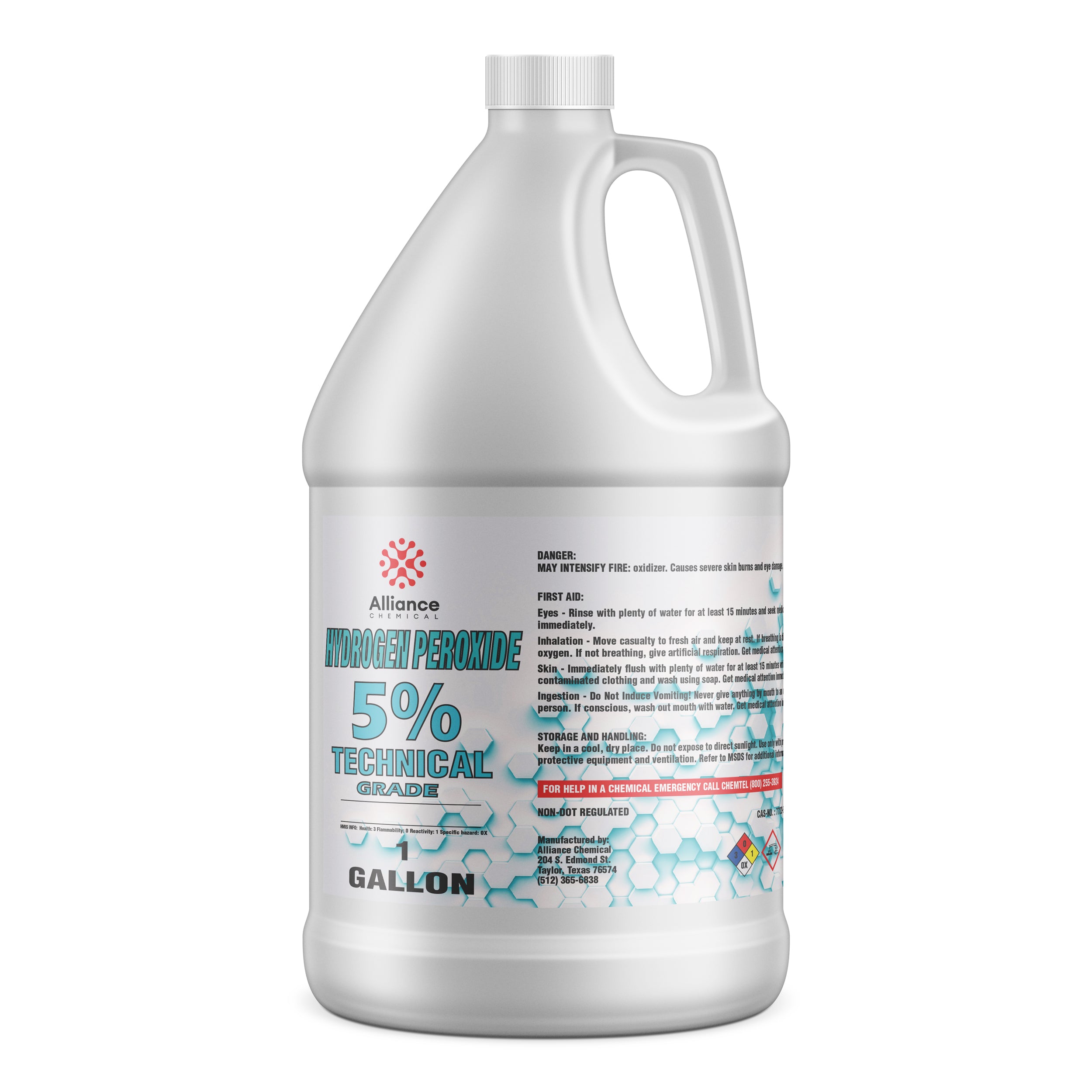 One-gallon white HDPE bottle of Alliance Chemical 5% Technical Grade Hydrogen Peroxide with safety warnings, NFPA diamond, and hexagonal graphic design.